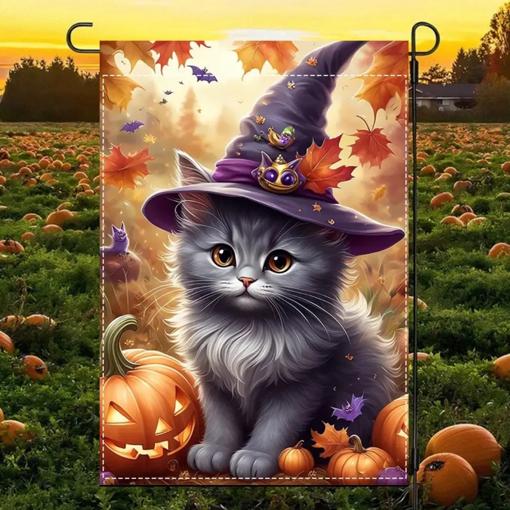 Garden Flag, 12”x18”, Halloween Witch Cat, Burlap Polyester Doublesided